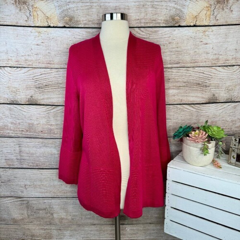 Kasper Hot Pink Open Front Cardigan Ribbed Trim‎ Lightweight Sweater PXL